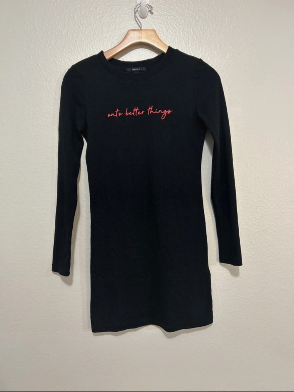 Forever 21 Black Long Sleeve Dress with Coral Script